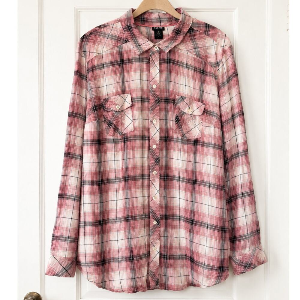 Torrid Pink Black Gray & Cream Plaid Button Front Shirt Size 3 3x Plus Size